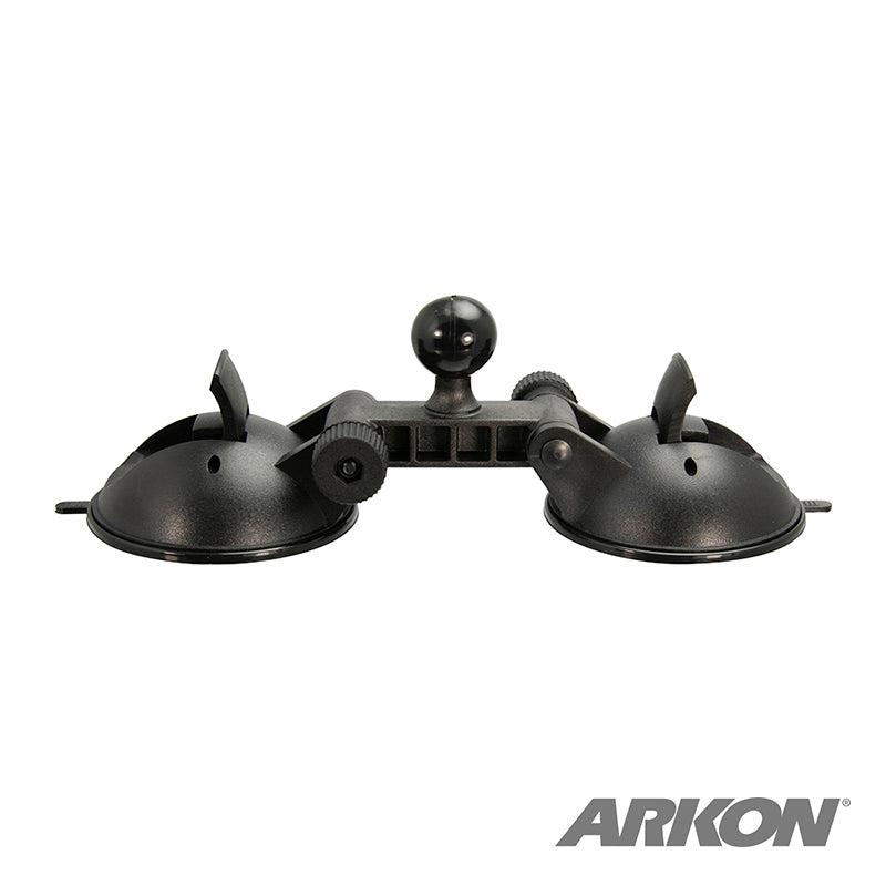 The black Double 80mm Windshield Suction Pedestal with 25mm Ball is a sturdy mounting solution, pictured on a white background with the ARKON logo in the bottom right corner.