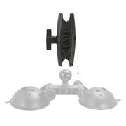 A Double 80mm Windshield Suction Pedestal with a 25mm ball supports a black mount arm above its gray dual-suction cup base, connected by a secure ball joint and clear assembly guidance indicated by a downward arrow.