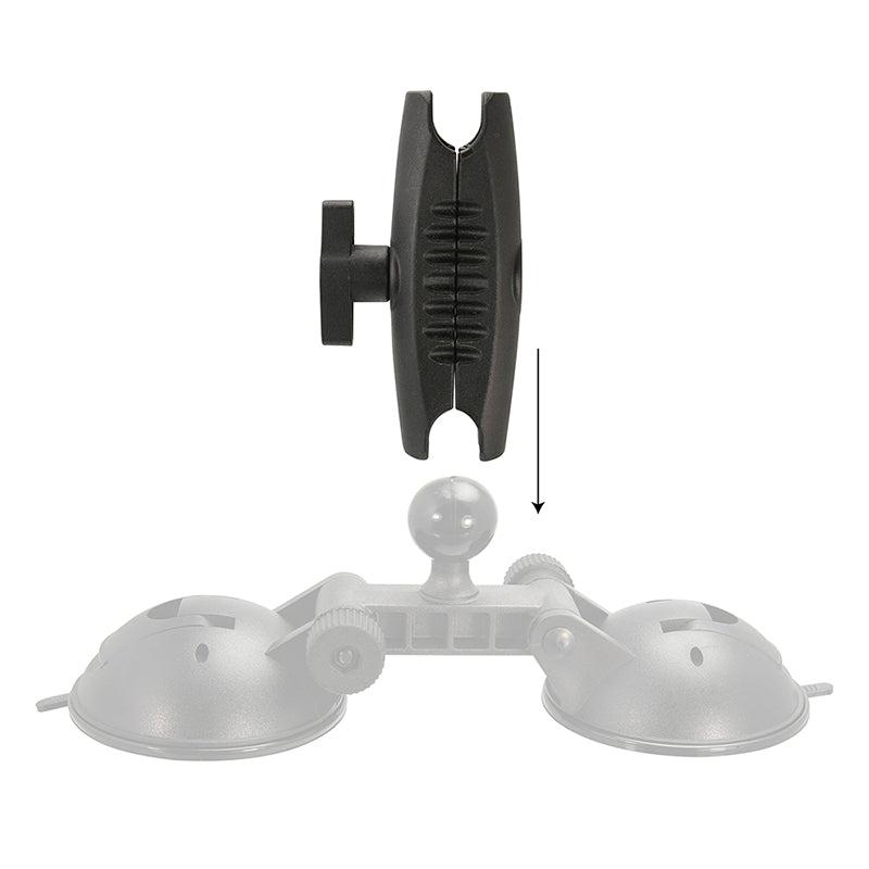 A Double 80mm Windshield Suction Pedestal with a 25mm ball supports a black mount arm above its gray dual-suction cup base, connected by a secure ball joint and clear assembly guidance indicated by a downward arrow.