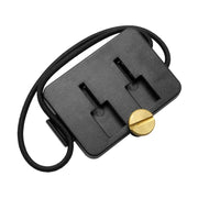The Dual T-Slot to Dual T-Tab Elastic Securing Strap Handlebar Mount Adapter is a black rectangular device with two slots, a gold knurled knob, and an attached black bungee strap, shown on a white background.