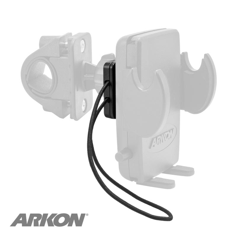 The Dual T-Slot to Dual T-Tab Elastic Securing Strap Handlebar Mount Adapter is shown in black, attached to a partially transparent handlebar phone mount, with the ARKON logo visible in the bottom left corner.