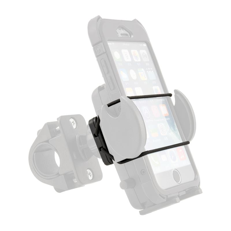 A transparent illustration of a smartphone on the Dual T-Slot to Dual T-Tab Elastic Securing Strap Handlebar Mount Adapter, featuring adjustable grips, a mounting bracket, and an extra elastic securing strap for added security.