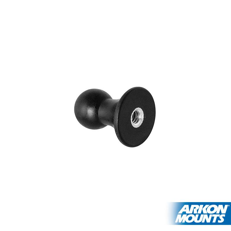 The Female Camera 1/4-20 Threaded Pattern to 17mm Ball Adapter is a small black tripod mount adapter with a round ball end and flat base. Displayed on white, the image features the Arkon Mounts logo in the bottom right corner.