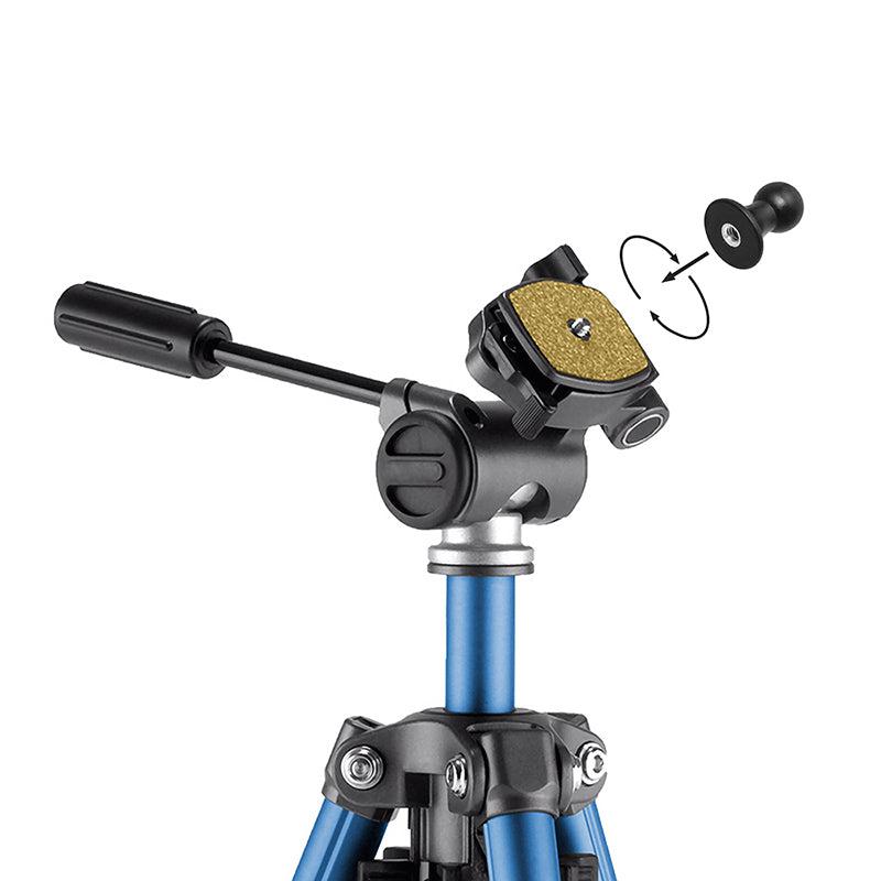 A blue tripod with a black and gold mounting plate is shown. An illustrated arrow highlights threading the Female Camera 1/4-20 Threaded Pattern to 17mm Ball Adapter onto the mounting plate atop the tripod’s head.