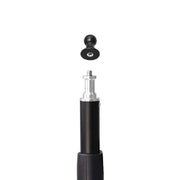 A black and silver telescopic handle with a detachable round knob is shown above the exposed screw mount of a Female Camera 1/4-20 Threaded Pattern to 17mm Ball Adapter, set against a plain white background.