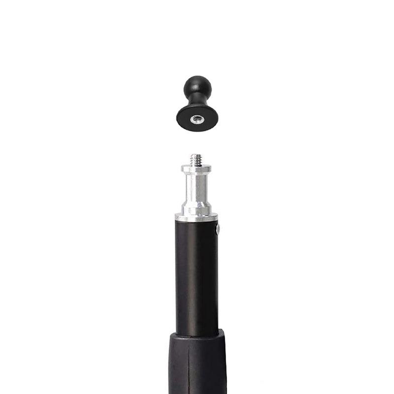 A black and silver telescopic handle with a detachable round knob is shown above the exposed screw mount of a Female Camera 1/4-20 Threaded Pattern to 17mm Ball Adapter, set against a plain white background.