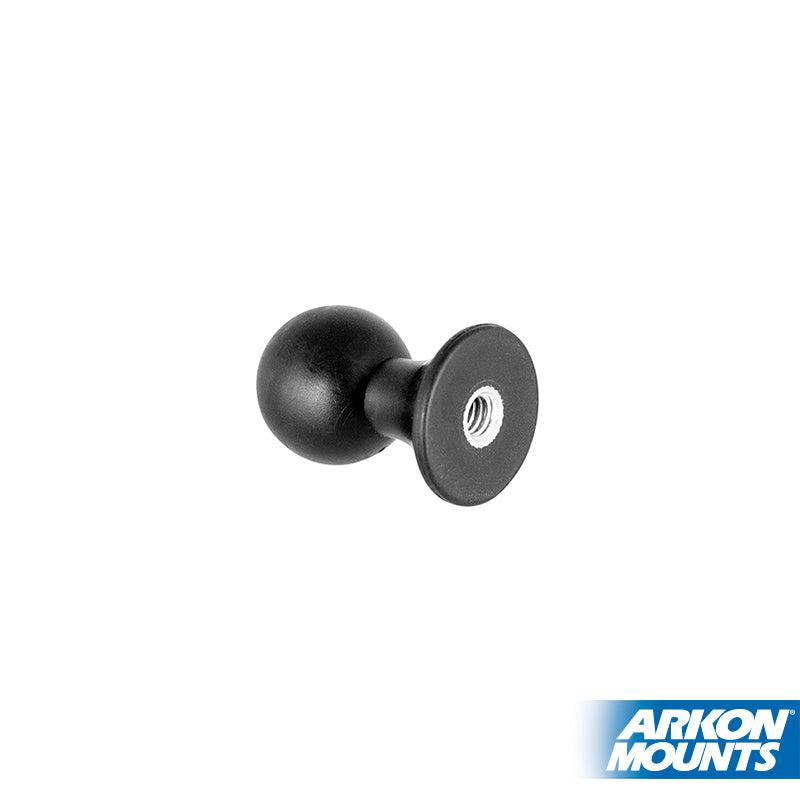 The Female Camera 1/4-20 Threaded Pattern to 22mm Ball Adapter is a compact black accessory with a 22mm ball on one end and a 1/4-20 threaded hole on the other, ideal as a tripod adapter. The Arkon Mounts logo appears in the bottom right corner.
