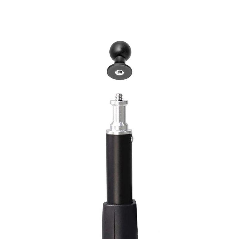 A black and silver Female Camera 1/4-20 Threaded Pattern to 22mm Ball Adapter is displayed on a white background, with its detachable round black 22mm ball pedestal mount positioned above the extendable pole, ready for attachment.