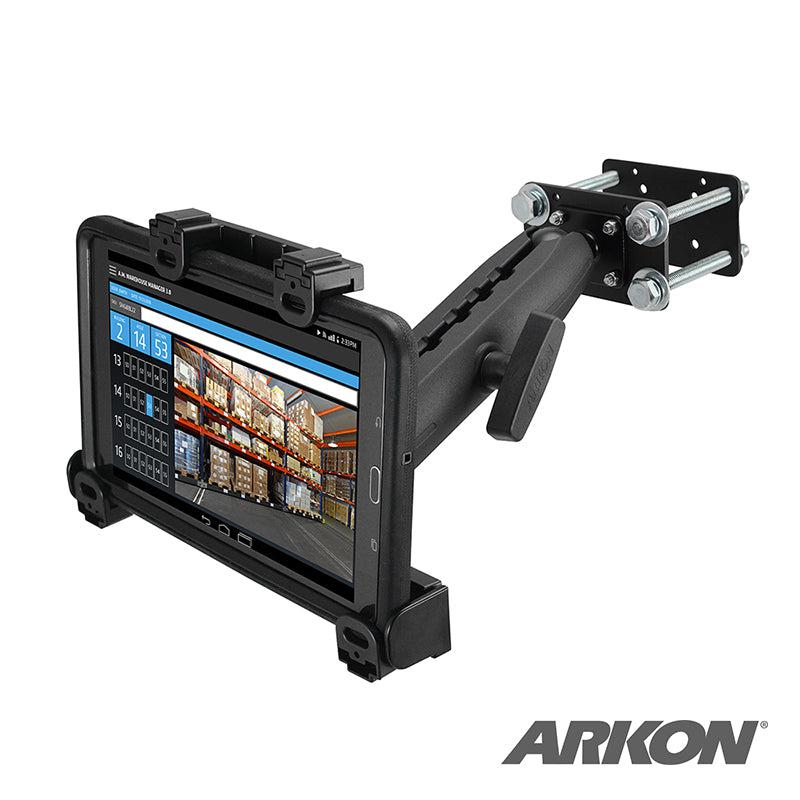 The LockVise™ Locking Forklift Front Guard Tablet Mount with 10.25 Metal Robust™ Shaft securely holds a tablet showing a warehouse scene. The black adjustable mount is attached to a metal bracket, with ARKON visible in the corner.