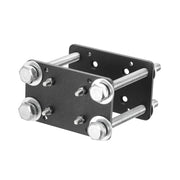 The Forklift Front Guard Mount features rectangular black heavy-duty steel plates with four large corner bolts and nuts, connected by metal rods and smaller bolts on each plate. Ideal for use as a forklift front guard or other warehouse vehicle accessories.