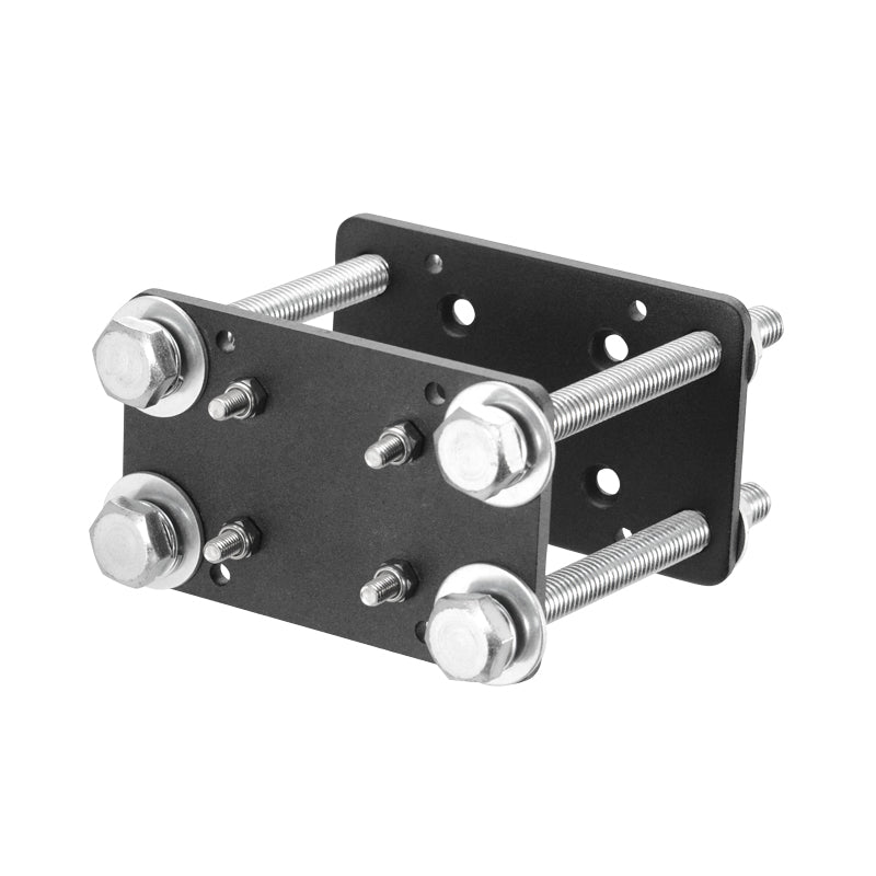 The Forklift Front Guard Mount features rectangular black heavy-duty steel plates with four large corner bolts and nuts, connected by metal rods and smaller bolts on each plate. Ideal for use as a forklift front guard or other warehouse vehicle accessories.
