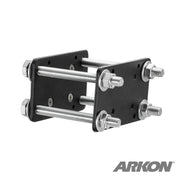 The Forklift Front Guard Mount includes four threaded rods, two heavy-duty steel mounting plates, nuts, and washers. The ARKON logo is displayed in the bottom right corner.