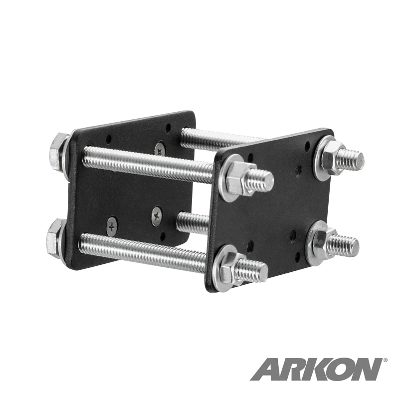 The Forklift Front Guard Mount includes four threaded rods, two heavy-duty steel mounting plates, nuts, and washers. The ARKON logo is displayed in the bottom right corner.
