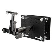 The LockVise™ Locking Forklift Overhead Guard Tablet Mount with Robust™ Adjustable Arm features multiple holes and slots for versatile mounting, along with a swivel arm and locking holder to securely attach tablets in warehouse environments.