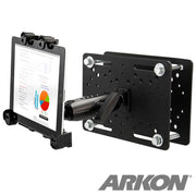 The LockVise™ Locking Forklift Overhead Guard Tablet Mount with Robust™ Adjustable Arm securely holds a tablet displaying charts and graphs; the black metal mount features the Arkon logo in the bottom right corner.