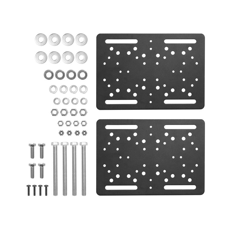 The Forklift Overhead Guard Mount includes two heavy-duty steel plates with multiple holes and assorted fasteners, all arranged on a white background—perfect for mounting needs on forklifts or warehouse vehicles.