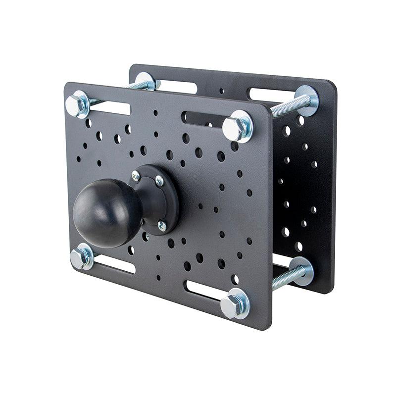 The Forklift Overhead Guard Mount – 57mm Ball Compatible – is a black metal bracket with multiple holes and slots, secured by four corner bolts and nuts with a round knob, ideal for mounting accessories on warehouse vehicles.