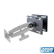 The Forklift Overhead Guard Mount - 57mm Ball Compatible is a metal adjustable bracket with multiple holes and screws, perfect for forklift or warehouse vehicle use, shown with the Arkon Mounts logo in the bottom right corner.