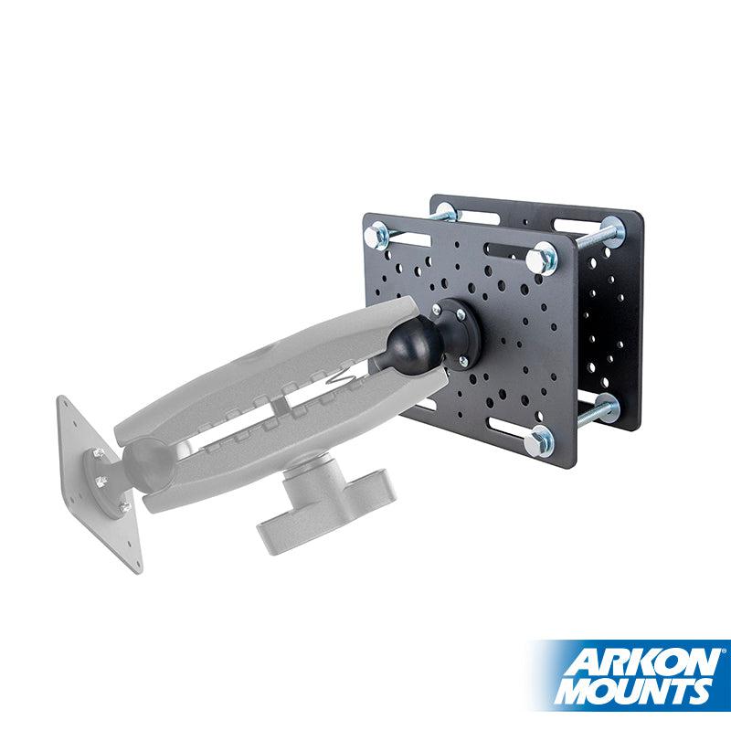 The Forklift Overhead Guard Mount - 57mm Ball Compatible is a metal adjustable bracket with multiple holes and screws, perfect for forklift or warehouse vehicle use, shown with the Arkon Mounts logo in the bottom right corner.