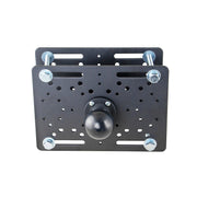 The Forklift Overhead Guard Mount - 57mm Ball Compatible is a black metal mounting plate with multiple holes, bolts, and a central ball mount. Shown against a white background, it offers versatile mounting options for warehouse vehicles.