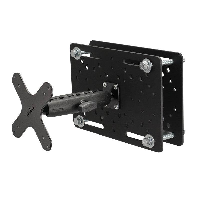 The Forklift Overhead Guard VESA Mount with 6 Metal Shaft is a sturdy, black adjustable wall bracket for monitors or TVs, featuring an extendable arm and a VESA-compatible plate like those on warehouse vehicle mounts.