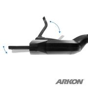Side view of the GPS CD Slot Mount Holder for Garmin GPS, a black plastic device with a lever and sliding mechanism. Blue arrows show movement, and the Arkon logo is visible in the bottom right corner. Compatible with Garmin GPS mount.