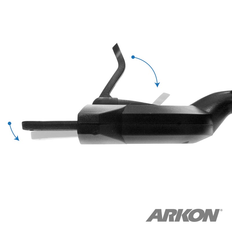 Side view of the GPS CD Slot Mount Holder for Garmin GPS, a black plastic device with a lever and sliding mechanism. Blue arrows show movement, and the Arkon logo is visible in the bottom right corner. Compatible with Garmin GPS mount.