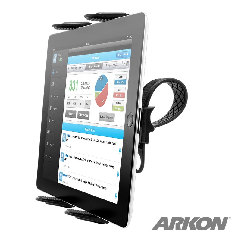A tablet is secured in the Handlebar Slim-Grip® Tablet Strap Mount for iPad, Note, and more. The black universal holder with adjustable grips and surface clamp displays ARKON in the bottom right corner as it shows data on the screen.