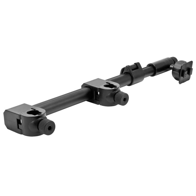 The Headrest Car Seat Mounting Pedestal - Dual-T Compatible is a black metal adjustable bracket with two clamps and tightening knobs, perfect for mounting or securing camera gear or lighting to your cars headrest.