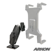 The Heavy-Duty 4-Hole AMPS Car Dash or Wall Mounting Pedestal - Dual-T Compatible is a black adjustable mount with a rectangular base and a transparent tablet holder, ideal for secure installations. Features the ARKON logo bottom right.