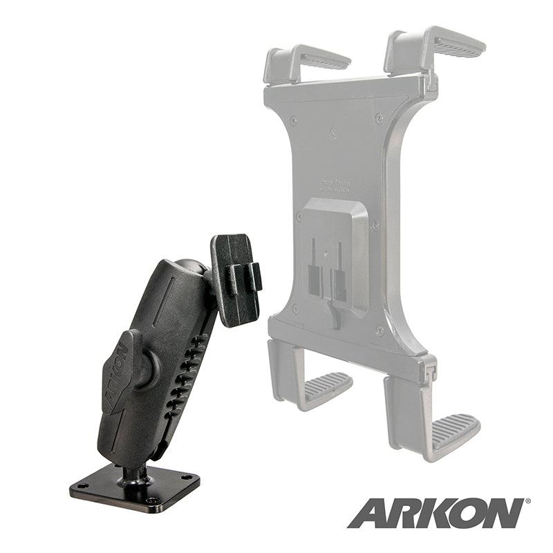 The Heavy-Duty 4-Hole AMPS Car Dash or Wall Mounting Pedestal - Dual-T Compatible is a black adjustable mount with a rectangular base and a transparent tablet holder, ideal for secure installations. Features the ARKON logo bottom right.