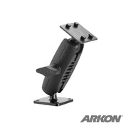 The Heavy-Duty 4-Hole AMPS Mount (Herbert Richter iGRIP 4-Prong Compatible) is a black adjustable bracket with a rectangular base, angled arm, and tightening knob. The ARKON logo appears in the lower right corner.