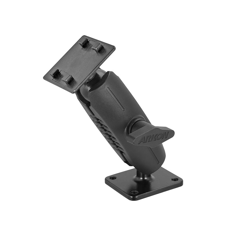The Heavy-Duty 4-Hole AMPS Mount, compatible with Herbert Richter iGRIP 4-Prong, features a black adjustable arm and rectangular metal base for secure device attachment to flat surfaces in commercial vehicles.