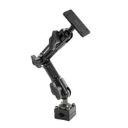 The Heavy Duty Aluminum Car Headrest Mount with 4-Hole AMPS Head features a black adjustable articulating arm with locking knobs and flat mounting plates, ideal for securely holding devices in car headrest or backseat entertainment setups.