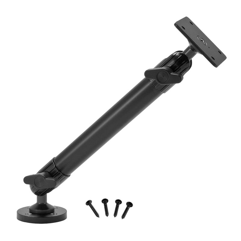 The Heavy Duty AMPS Mounting Pedestal features a black 10 adjustable arm with joint knobs, a square 4-hole AMPS plate at one end, a round drill base at the other, and includes four black screws.