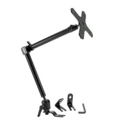 Heavy-Duty Car Seat Rail Mount with 22-inch Adjustable Arm, VESA 75/100 compatible, shown extended with separate mounting brackets and screws on a white background.