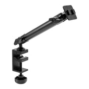 The Heavy-Duty Clamp Mounting Pedestal with 10 Arm - Dual-T Compatible securely attaches to desk edges with a robust clamp and features a hinged, adjustable arm and flat mounting plate for devices or accessories.