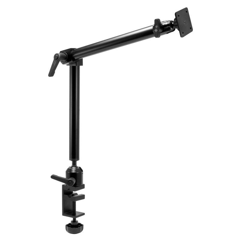 The Heavy-Duty Clamp Mounting Pedestal features a 22-inch adjustable arm with multiple joints, a strong table clamp, and 4-hole AMPS compatibility to securely hold and position your monitor above the desk.