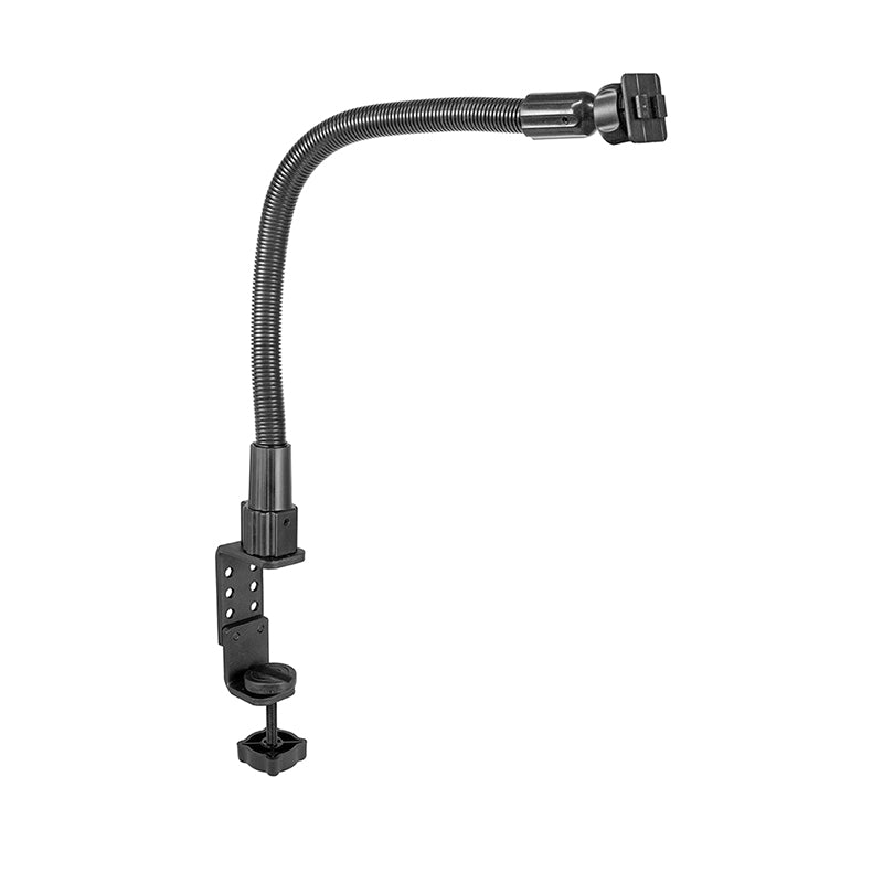 The Heavy-Duty Desk, Cart or Table Clamp Mounting Pedestal with 22 Flexible Gooseneck securely attaches devices to a desk, cart, or table edge with its adjustable arm and sturdy clamp base.
