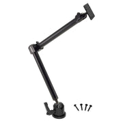 The Heavy-Duty Drill-Base Mount with 22 inch Arm features tilting joints, a 4-hole AMPS compatible design, and separate mounting screws placed below the arm for flexible desk or wall installation.