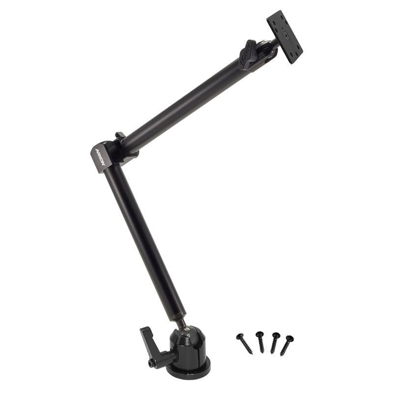 The Heavy-Duty Drill-Base Mount with 22 inch Arm features tilting joints, a 4-hole AMPS compatible design, and separate mounting screws placed below the arm for flexible desk or wall installation.