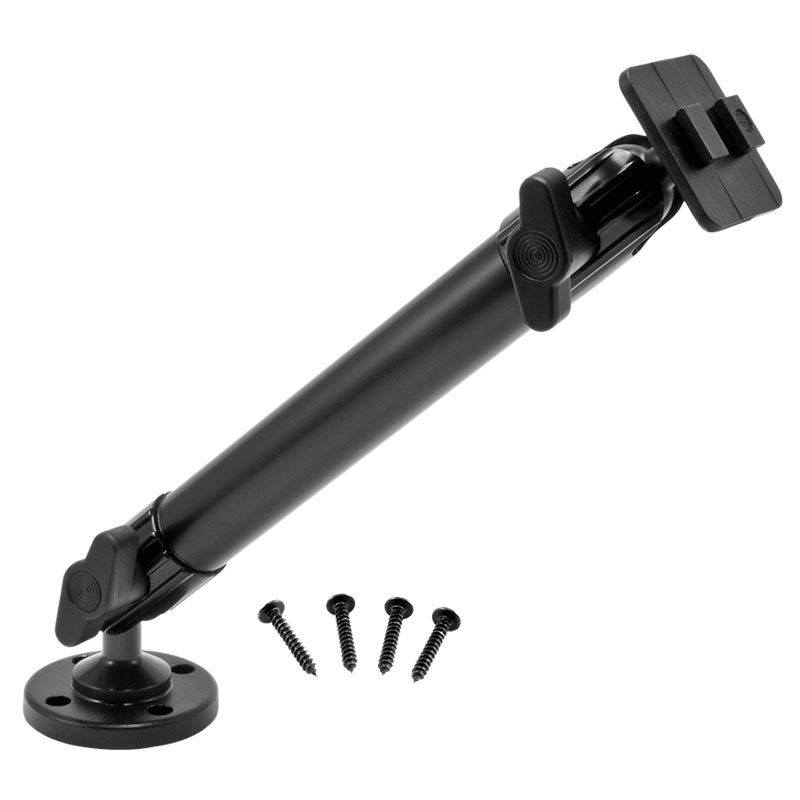 The Heavy-Duty Drill-Base Mounting Pedestal with 10 Arm - Dual-T Compatible features a round base, rectangular attachment plate, and four black screws, shown on a white background. Perfect for secure installation of tablets or devices.
