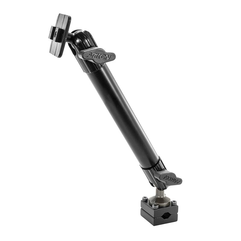 The Heavy-Duty Headrest Mounting Pedestal with 10 Arm is shown in black with clamps at both ends, ideal for rear seat entertainment. Arkon branding appears on the adjustment knobs against a white background.