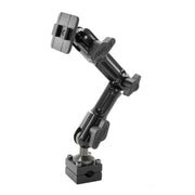The Heavy-Duty Headrest Mounting Pedestal with Multi-Angle 8 Arm features a black aluminum build, multiple joints, locking knobs, and a square base—ideal for securely holding tablets or accessories in various positions.