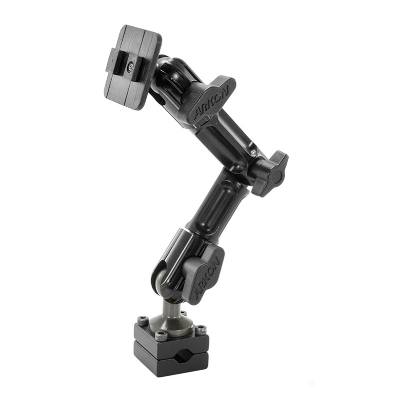 The Heavy-Duty Headrest Mounting Pedestal features a black aluminum design with a multi-angle 8 articulating arm, locking knobs, and square base—perfect as a universal tablet holder.