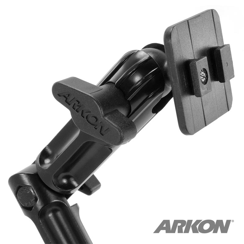 Close-up of the Heavy-Duty Headrest Mounting Pedestal with Multi-Angle 8 Arm, a black universal tablet holder with rotating joint and rectangular plate, featuring the ARKON logo and heavy-duty aluminum construction for secure positioning.