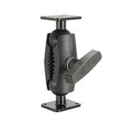 The Heavy-Duty Metal AMPS Mount - 38mm Ball Compatible is a black adjustable arm with a central locking handle and two rectangular plates, designed for secure equipment attachment using the 4-hole AMPS pattern.