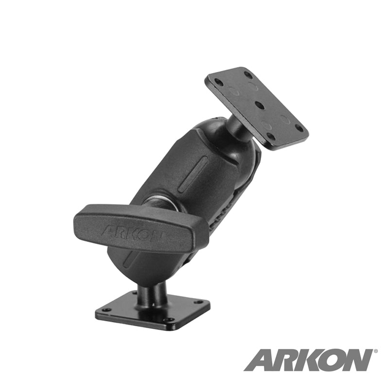 The Heavy-Duty Metal AMPS Mount - 38mm Ball Compatible is a black adjustable device mount with two rectangular plates featuring a 4-hole AMPS pattern, a central pivot arm, and the Arkon logo in the lower right corner.
