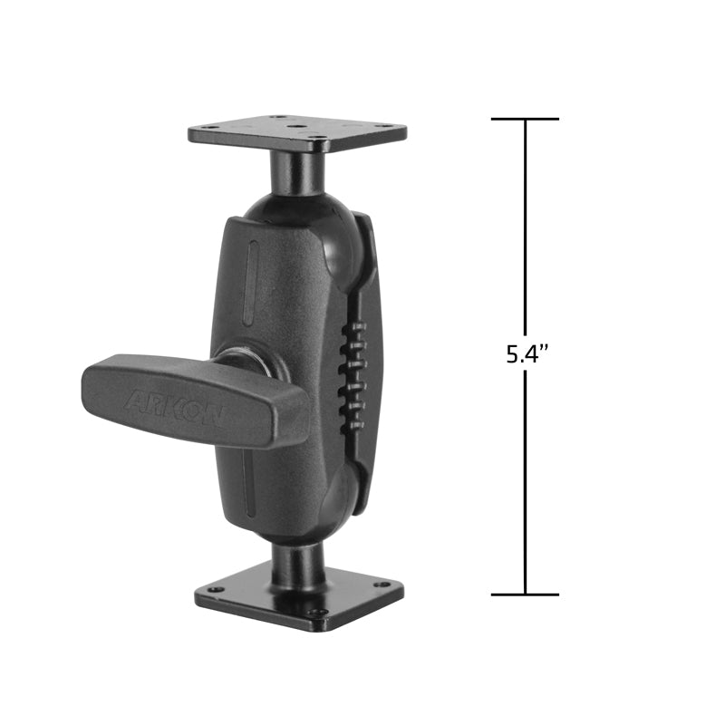 The Heavy-Duty Metal AMPS Mount - 38mm Ball Compatible features a black adjustable bracket with handle, 4-hole AMPS pattern, stands 5.4 high, and fits securely between two rectangular mounting plates for robust support.
