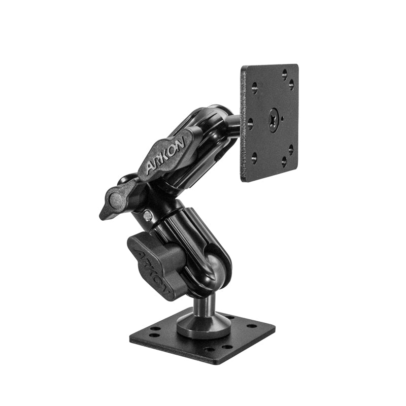 The Heavy-Duty Multi-Angle AMPS Drill-Base Mounting Pedestal with AMPS Head features a black finish, square plate, 4-hole AMPS pattern for attaching devices to walls or flat surfaces, and displays the Arkon logo on the arm.
